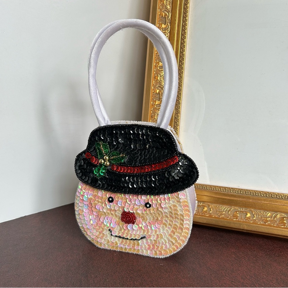 Vintage White Satin with Sequins & Bead Snowman Holiday Christmas Purse or Decor